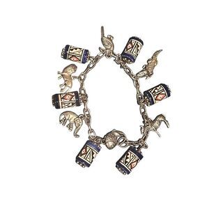 Vtg Hand Painted Beads & Silver Zoo Animal Dangle Charm Bracelet Women Jewelry